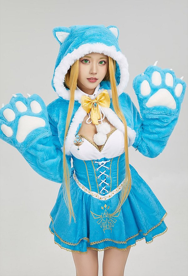 ゼルダ マント パーカー 洋服 肉球 手袋付き 青色 ゼルダ マント パーカー 洋服 肉球 手袋付き 青色