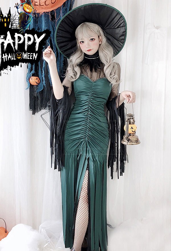 魔女悪魔　コスプレ衣装　セクシーな暗闇ゴシック緑色ドレス