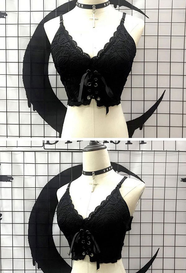 女性 春夏 ダークブラック ゴシック 三次元 かぎ針編み レース 短い ストラップ クロス テザー ベスト