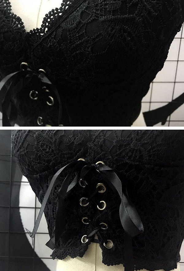 女性 春夏 ダークブラック ゴシック 三次元 かぎ針編み レース 短い ストラップ クロス テザー ベスト