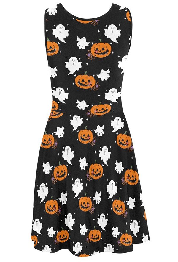 ハロウィン女性カジュアルドレスゴーストパンプキンプリントタンクドレスブラックドレス夏用 ハロウィン女性カジュアルドレスゴーストパンプキンプリントタンクドレスブラックドレス夏用