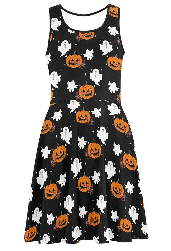 ハロウィン女性カジュアルドレスゴーストパンプキンプリントタンクドレスブラックドレス夏用 ハロウィン女性カジュアルドレスゴーストパンプキンプリントタンクドレスブラックドレス夏用