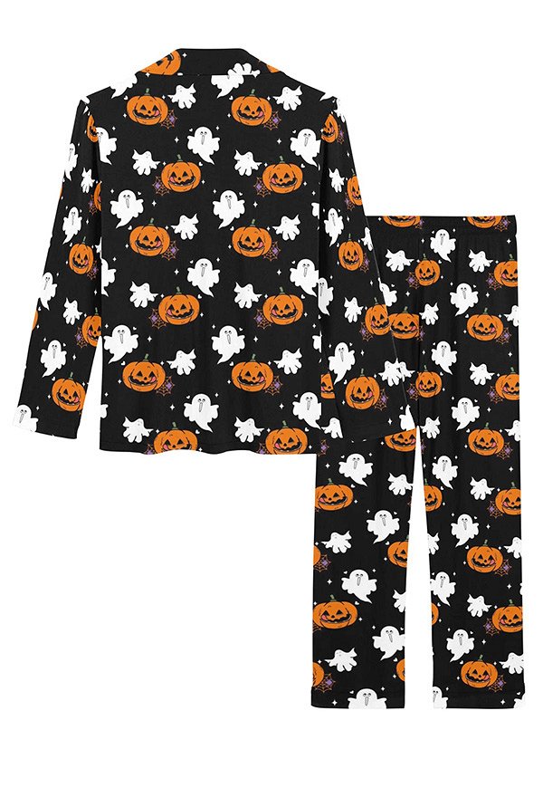 ハロウィン レディース ナイトウェア ゴースト パンプキン プリント 長袖とパンツ 2 ピース パジャマ