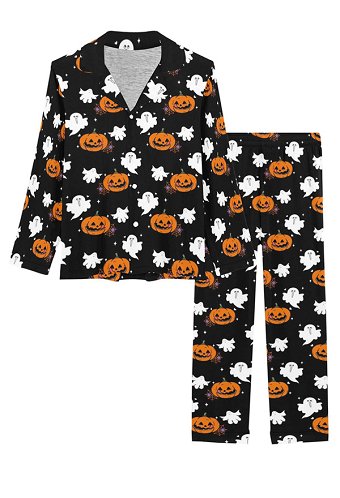 ハロウィン レディース ナイトウェア ゴースト パンプキン プリント 長袖とパンツ 2 ピース パジャマ