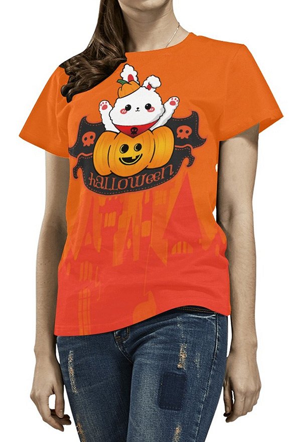 ハロウィン レディース レギュラー Tシャツ パンプキン バニー プリント スリム Tシャツ