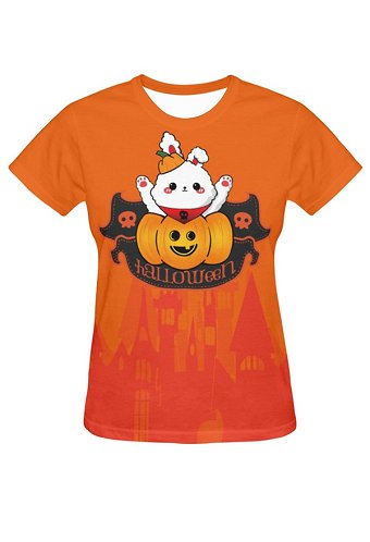 ハロウィン レディース レギュラー Tシャツ パンプキン バニー プリント スリム Tシャツ