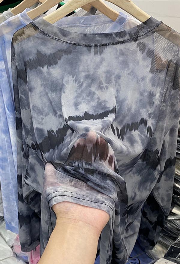 シアーメッシュ トップ タイダイプリント クルーネック シースルー 長袖 Tシャツ カジュアル ブラウス シアーメッシュ トップ タイダイプリント クルーネック シースルー 長袖 Tシャツ カジュアル ブラウス