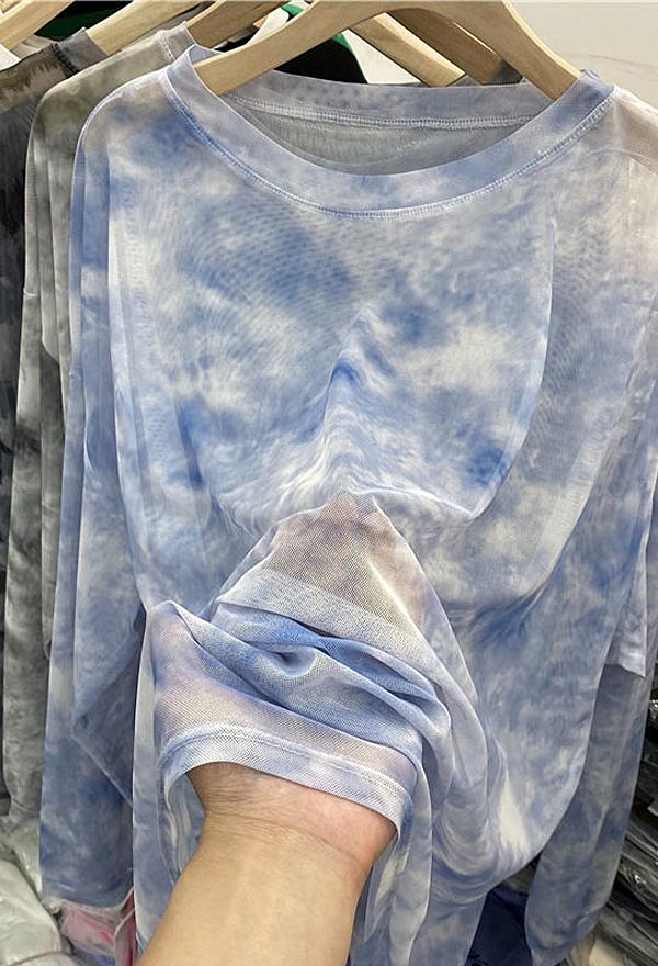 シアーメッシュ トップ タイダイプリント クルーネック シースルー 長袖 Tシャツ カジュアル ブラウス シアーメッシュ トップ タイダイプリント クルーネック シースルー 長袖 Tシャツ カジュアル ブラウス