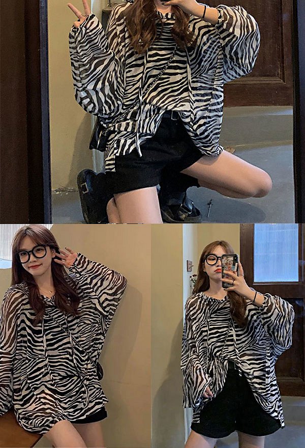 女性シアーメッシュ トップ ゼブラストライプ プリント シースルー フード付き 長袖 カジュアル ブラウス 女性シアーメッシュ トップ ゼブラストライプ プリント シースルー フード付き 長袖 カジュアル ブラウス
