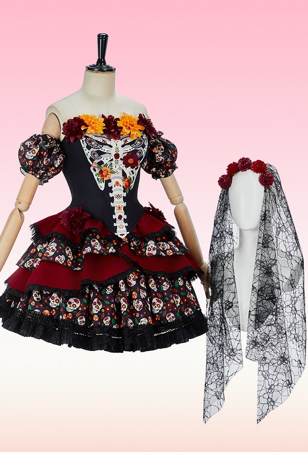 ハロウィン ゾンビ花嫁 コスプレ デイ・オブ・ザ・デッド スケルトンプリント コルセットドレスセット ハロウィン ゾンビ花嫁 コスプレ デイ・オブ・ザ・デッド スケルトンプリント コルセットドレスセット