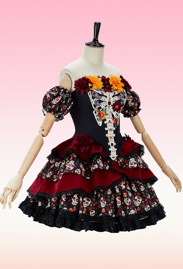 ハロウィン ゾンビ花嫁 コスプレ デイ・オブ・ザ・デッド スケルトンプリント コルセットドレスセット ハロウィン ゾンビ花嫁 コスプレ デイ・オブ・ザ・デッド スケルトンプリント コルセットドレスセット