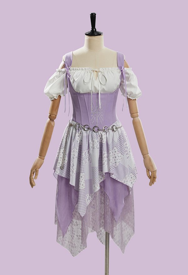レディース ハロウィン パッチワーク 魔女 コスチューム レトロ ウィッチ ドレス セット