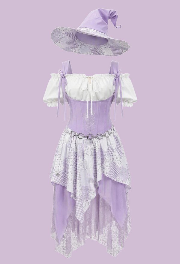 レディース ハロウィン パッチワーク 魔女 コスチューム レトロ ウィッチ ドレス セット