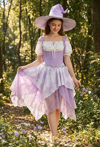 レディース ハロウィン パッチワーク 魔女 コスチューム レトロ ウィッチ ドレス セット