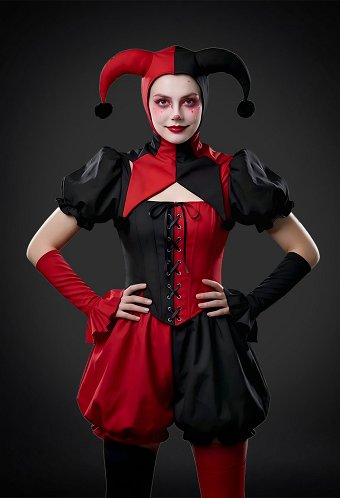 レディース ハロウィン ピエロ コスチューム 紅×黒 パッチワーク レトロ セット