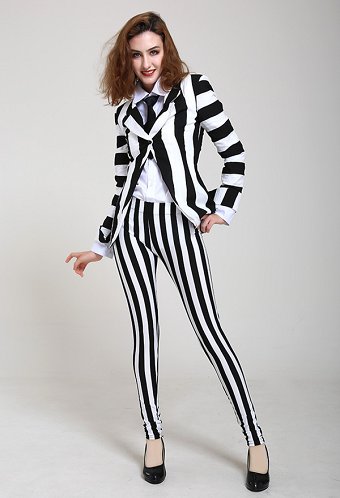 女性用 黒と白 縦縞 ジャケット スーツ コスチューム ネクタイ付き