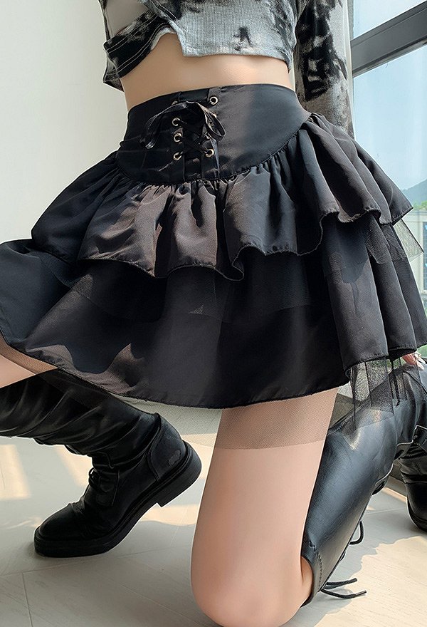 女性ゴシッククールダークスタイルネクタイ-フロントフリルネットヤーンスプライスケーキスカート