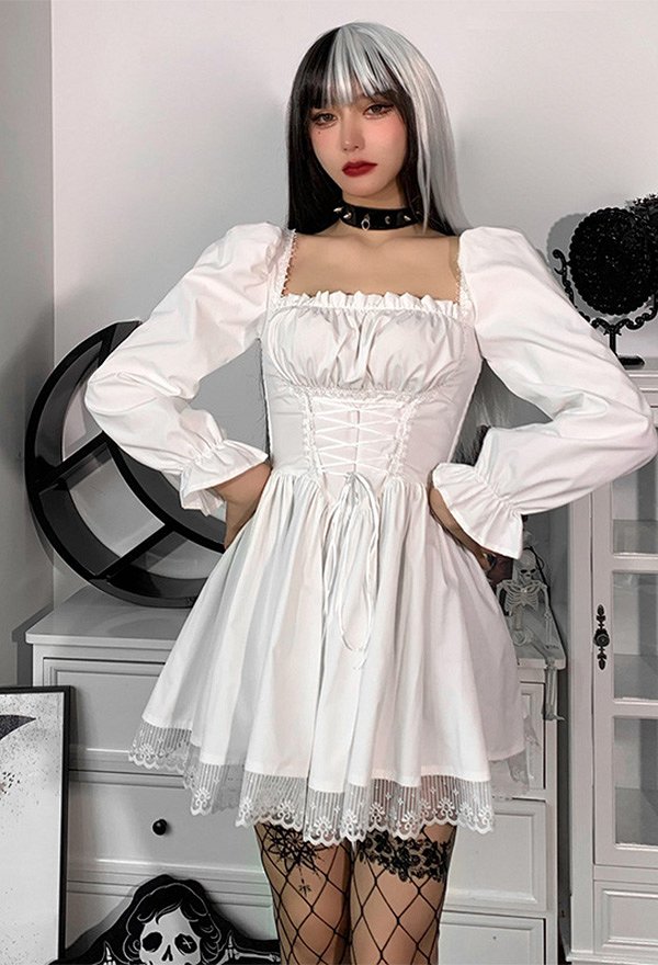 暗黒ゴシック レース フリル オフショルダー パフスリーブ ドレス 暗黒ゴシック レース フリル オフショルダー パフスリーブ ドレス