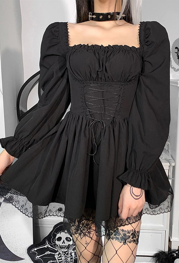 暗黒ゴシック レース フリル オフショルダー パフスリーブ ドレス 暗黒ゴシック レース フリル オフショルダー パフスリーブ ドレス