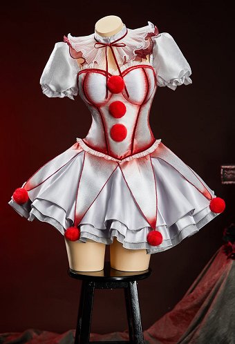 It  コスプレ衣装 ゴシックシルバーのピエロ風コルセットドレスセット、血痕プリントのコルセットとレイヤードスカートに、袖とネックリング付き