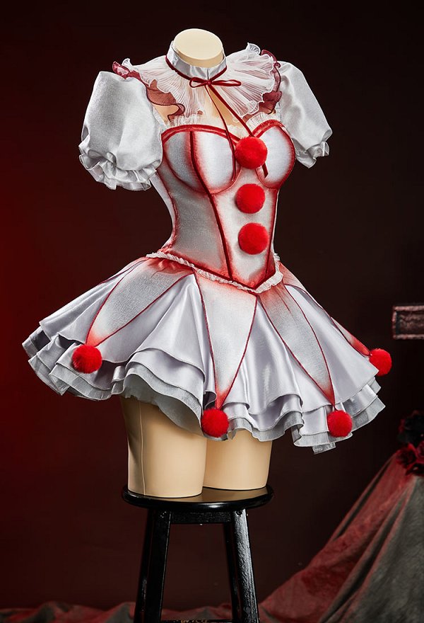 It コスプレ衣装 ゴシックシルバーのピエロ風コルセットドレスセット、血痕プリントのコルセットとレイヤードスカートに、袖とネックリング付き It コスプレ衣装 ゴシックシルバーのピエロ風コルセットドレスセット、血痕プリントのコルセットとレイヤードスカートに、袖とネックリング付き