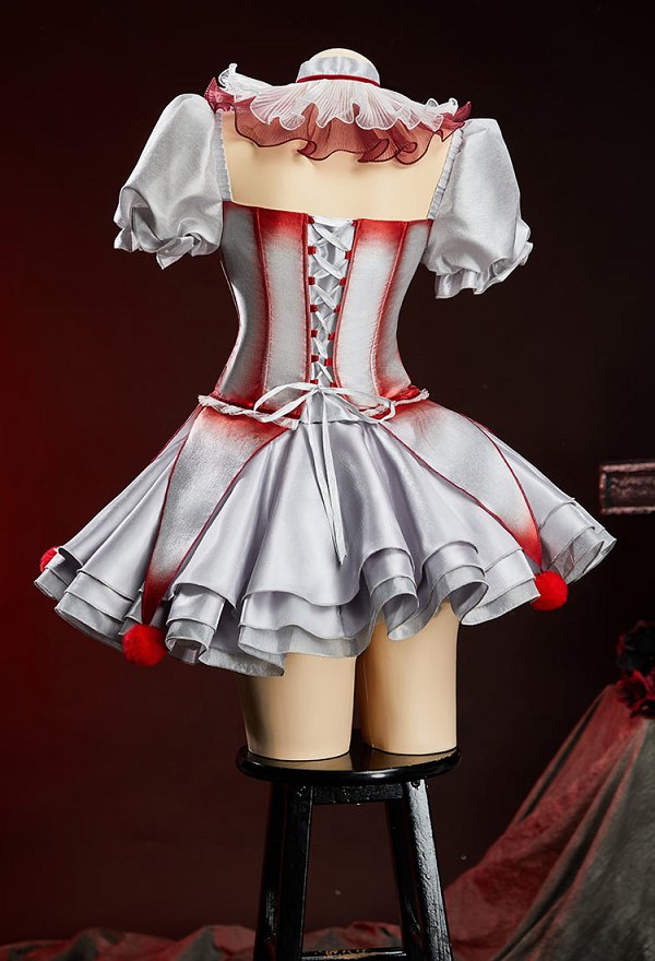 It コスプレ衣装 ゴシックシルバーのピエロ風コルセットドレスセット、血痕プリントのコルセットとレイヤードスカートに、袖とネックリング付き It コスプレ衣装 ゴシックシルバーのピエロ風コルセットドレスセット、血痕プリントのコルセットとレイヤードスカートに、袖とネックリング付き