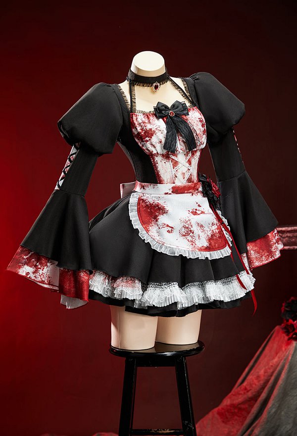 ハロウィン ブラッディーメイドセット 血痕プリントワンピース＆エプロン
