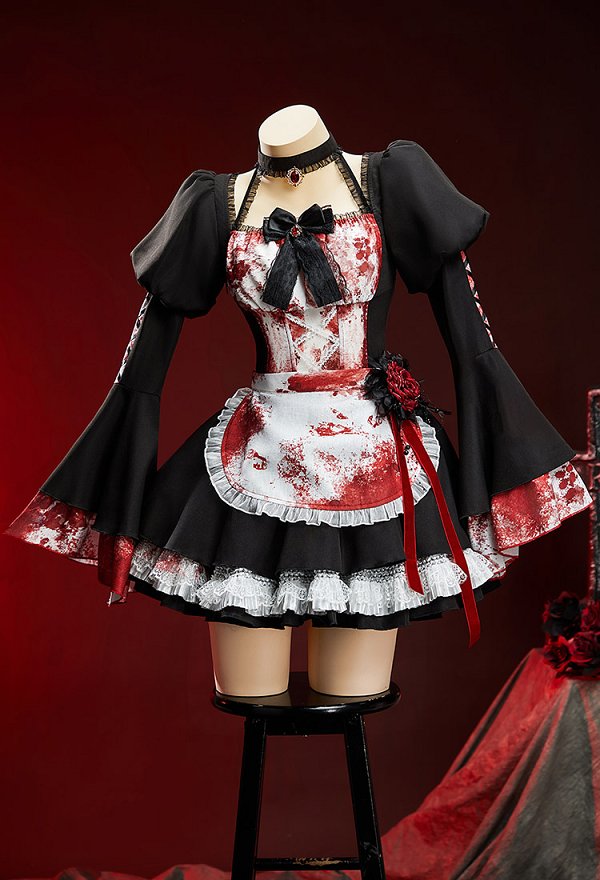 ハロウィン ブラッディーメイドセット 血痕プリントワンピース＆エプロン