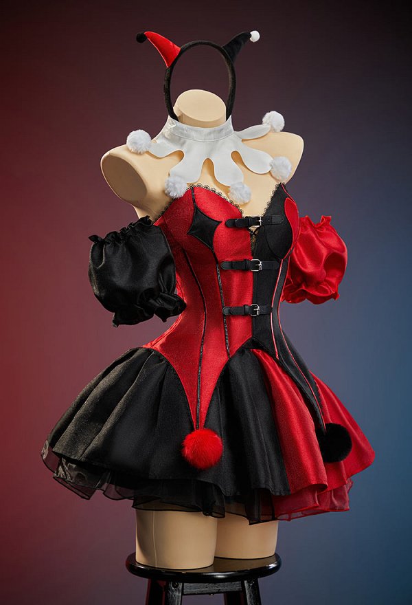 ハーレイ・クイン コスプレ 同人 ゴシック レッド×ブラック パネル コルセットドレス ハーレイ・クイン コスプレ 同人 ゴシック レッド×ブラック パネル コルセットドレス