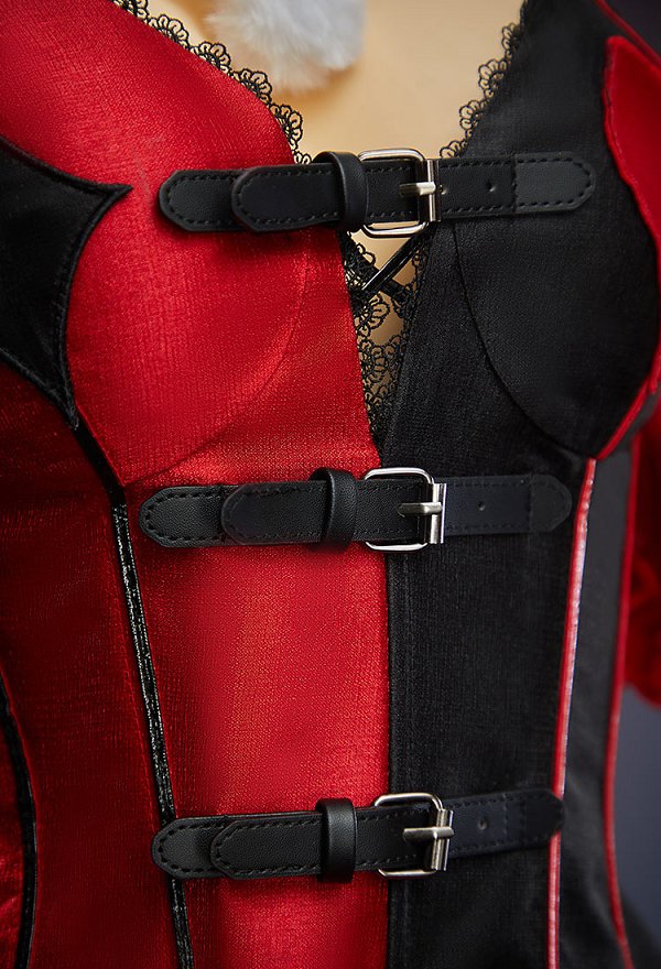 ハーレイ・クイン コスプレ 同人 ゴシック レッド×ブラック パネル コルセットドレス ハーレイ・クイン コスプレ 同人 ゴシック レッド×ブラック パネル コルセットドレス