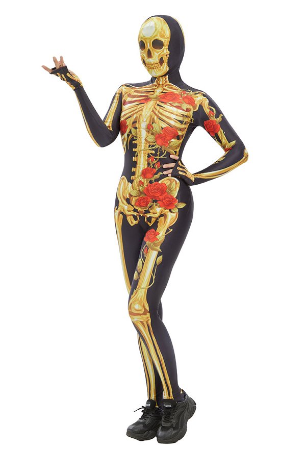 ハロウィン ゴールド スカルプリント ゴシック ボディスーツ ハロウィン ゴールド スカルプリント ゴシック ボディスーツ