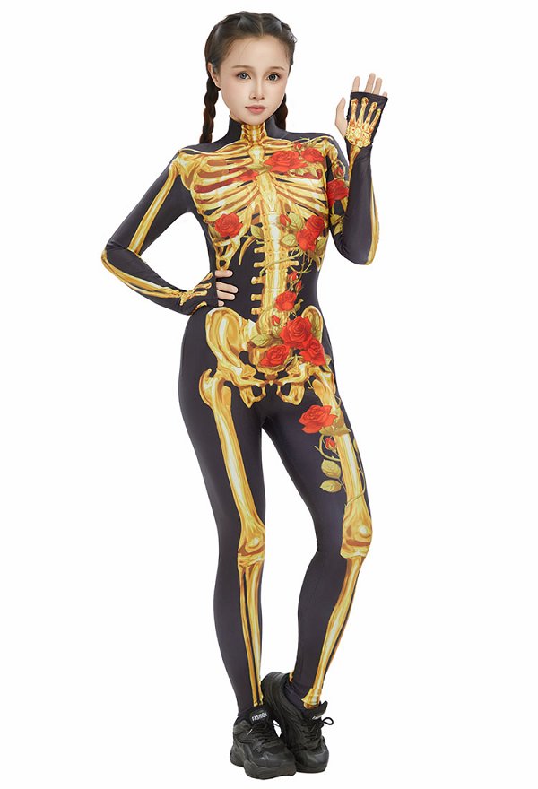 ハロウィン ゴールド スカルプリント ゴシック ボディスーツ ハロウィン ゴールド スカルプリント ゴシック ボディスーツ