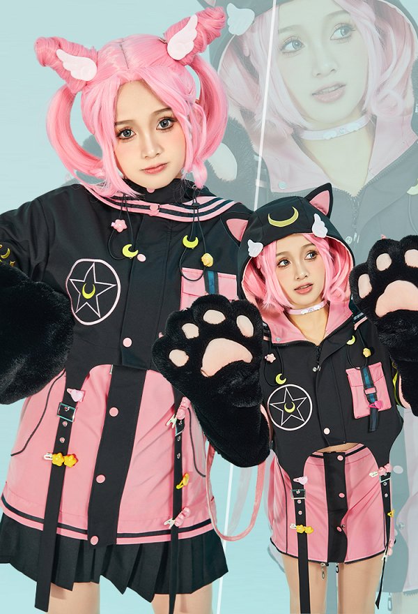 美少女戦士 セーラームーン ちびうさ パーカー 洋服 肉球 手袋付き 黒色＆ピンク