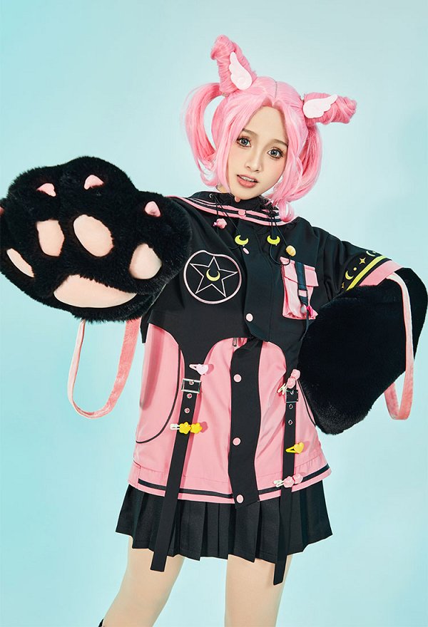美少女戦士 セーラームーン ちびうさ パーカー 洋服 肉球 手袋付き 黒色＆ピンク