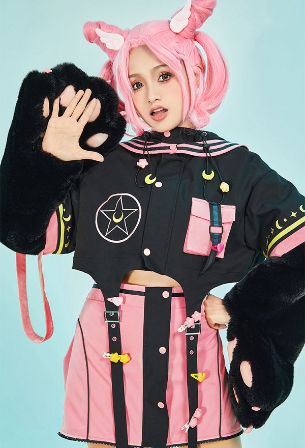 美少女戦士 セーラームーン ちびうさ パーカー 洋服 肉球 手袋付き 黒色＆ピンク