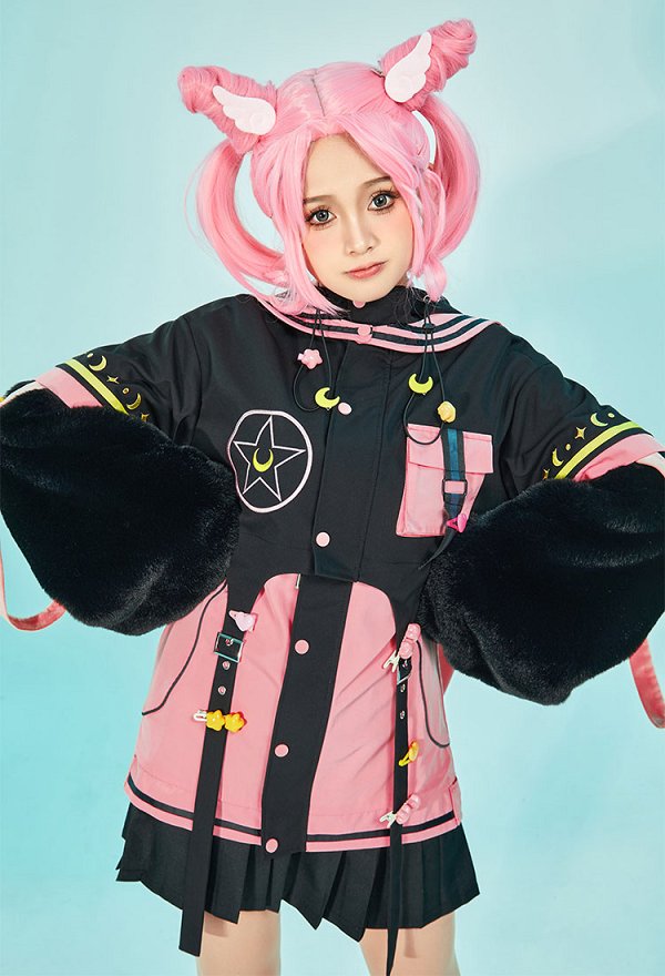 美少女戦士 セーラームーン ちびうさ パーカー 洋服 肉球 手袋付き 黒色＆ピンク
