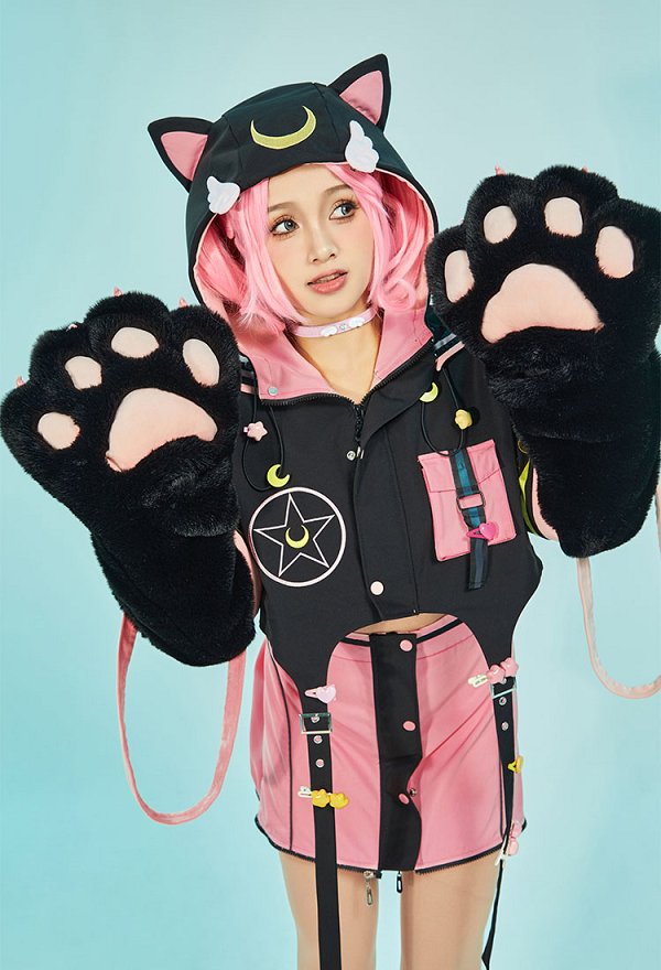 美少女戦士 セーラームーン ちびうさ パーカー 洋服 肉球 手袋付き 黒色＆ピンク