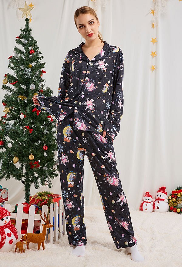 クリスマス女性大人ムーンナイトとJKサンタクロースパターン長袖平織りパジャマセットパジャマラウンジセットパンツコスチューム2ピース衣装