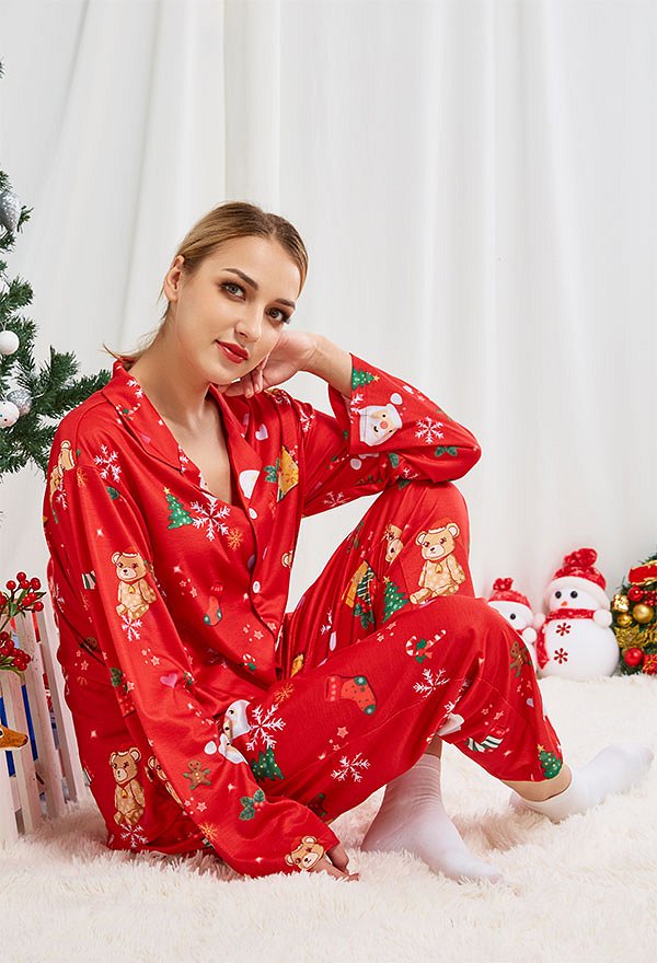 クリスマス女性大人漫画サンタクロースとクマのパターン長袖平織りパジャマセットパジャマラウンジセットパンツコスチューム2ピース衣装