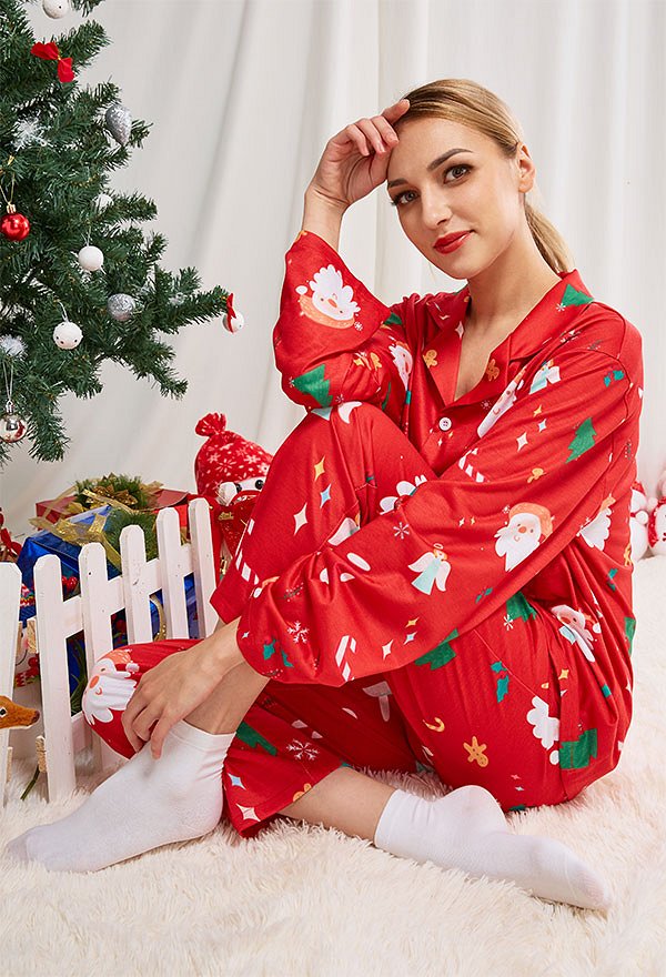 クリスマス女性大人漫画天使とサンタクロースパターン長袖平織りパジャマセットパジャマラウンジセットパンツコスチューム2ピース衣装