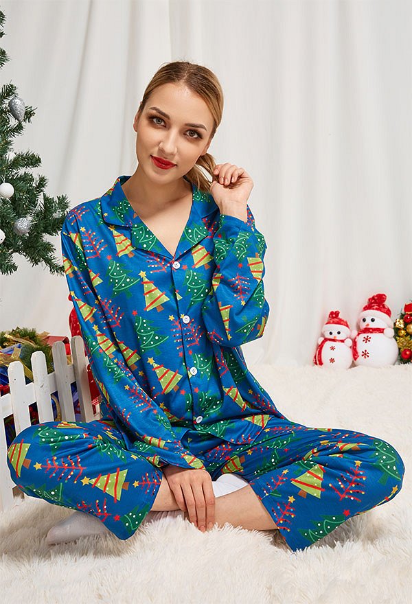 クリスマス女性大人漫画クリスマスツリーパターン長袖平織りパジャマセットパジャマラウンジセットパンツコスチューム2ピース衣装
