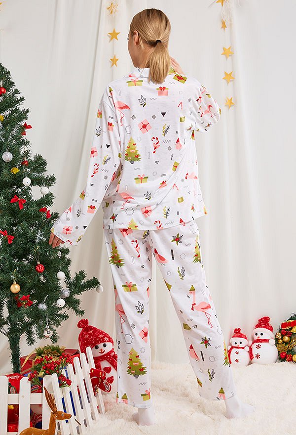 クリスマス女性大人漫画フラミンゴとクリスマスツリーパターン長袖平織りパジャマセットパジャマラウンジセットパンツコスチューム2ピース衣装 クリスマス女性大人漫画フラミンゴとクリスマスツリーパターン長袖平織りパジャマセットパジャマラウンジセットパンツコスチューム2ピース衣装