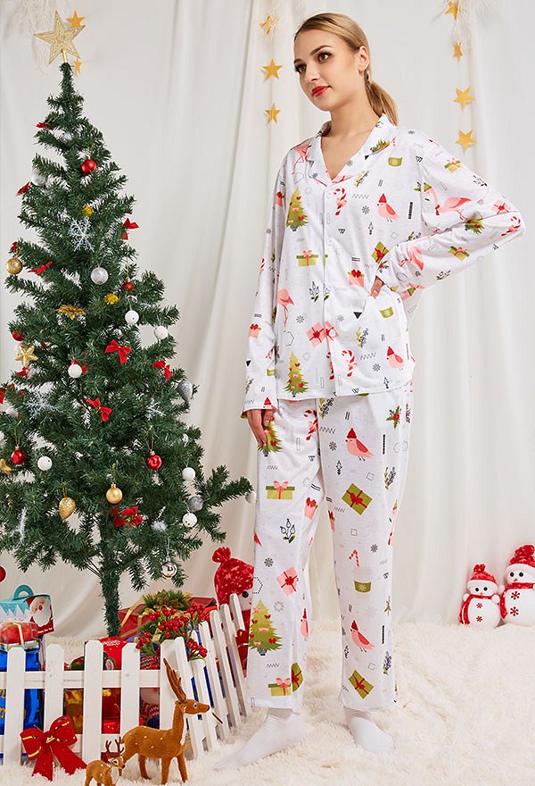 クリスマス女性大人漫画フラミンゴとクリスマスツリーパターン長袖平織りパジャマセットパジャマラウンジセットパンツコスチューム2ピース衣装 クリスマス女性大人漫画フラミンゴとクリスマスツリーパターン長袖平織りパジャマセットパジャマラウンジセットパンツコスチューム2ピース衣装