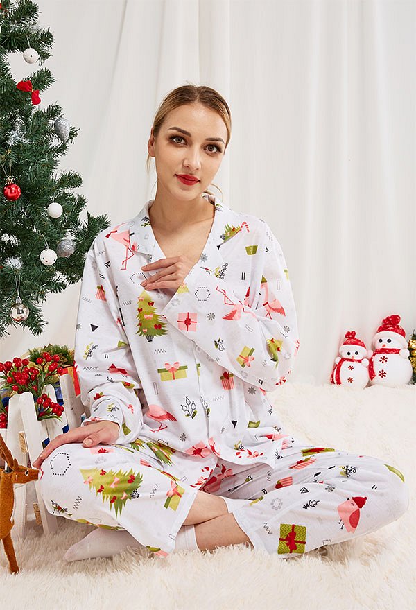 クリスマス女性大人漫画フラミンゴとクリスマスツリーパターン長袖平織りパジャマセットパジャマラウンジセットパンツコスチューム2ピース衣装 クリスマス女性大人漫画フラミンゴとクリスマスツリーパターン長袖平織りパジャマセットパジャマラウンジセットパンツコスチューム2ピース衣装