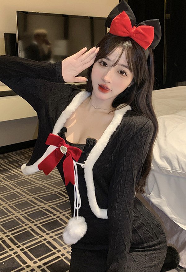 クリスマス セクシー ニットドレス 毛皮のようなレースアップ ニットジャケット ストッキング付き クリスマス セクシー ニットドレス 毛皮のようなレースアップ ニットジャケット ストッキング付き