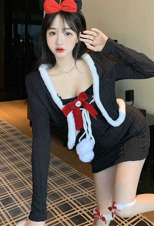 クリスマス セクシー ニットドレス 毛皮のようなレースアップ ニットジャケット ストッキング付き クリスマス セクシー ニットドレス 毛皮のようなレースアップ ニットジャケット ストッキング付き