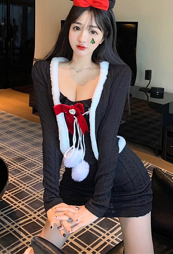 クリスマス セクシー ニットドレス 毛皮のようなレースアップ ニットジャケット ストッキング付き クリスマス セクシー ニットドレス 毛皮のようなレースアップ ニットジャケット ストッキング付き