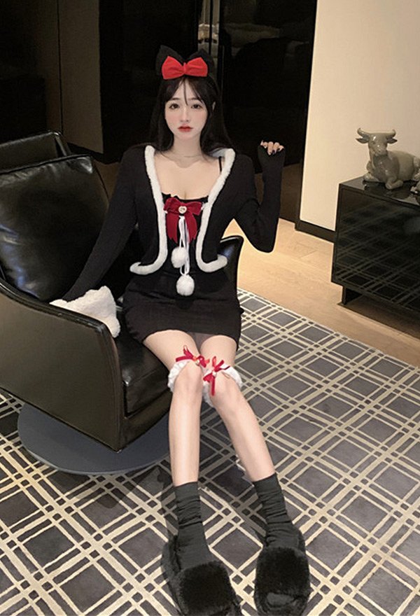 クリスマス セクシー ニットドレス 毛皮のようなレースアップ ニットジャケット ストッキング付き クリスマス セクシー ニットドレス 毛皮のようなレースアップ ニットジャケット ストッキング付き