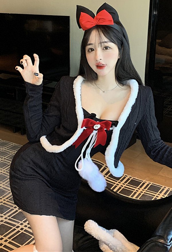 クリスマス セクシー ニットドレス 毛皮のようなレースアップ ニットジャケット ストッキング付き クリスマス セクシー ニットドレス 毛皮のようなレースアップ ニットジャケット ストッキング付き