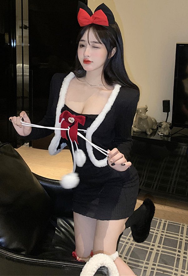 クリスマス セクシー ニットドレス 毛皮のようなレースアップ ニットジャケット ストッキング付き クリスマス セクシー ニットドレス 毛皮のようなレースアップ ニットジャケット ストッキング付き